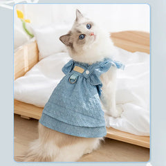Denim Dog Dress 👗 Summer Blue Outfit with Leash Ring for Small Dogs & Cats