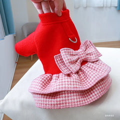 Red Winter Princess Pet Dress 🎀 Warm Outfit with Belt for Small & Medium Pets