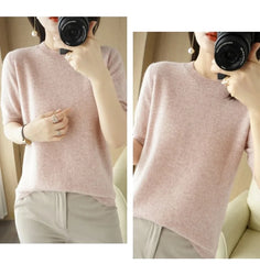 Women’s Short Sleeve Slim Fit Knitted Sweater – Camel & Pink