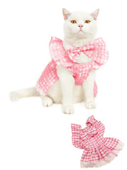 Pink & Yellow Plaid Dog Dress 🌸 Bow Tie Summer Outfit for Small Dogs