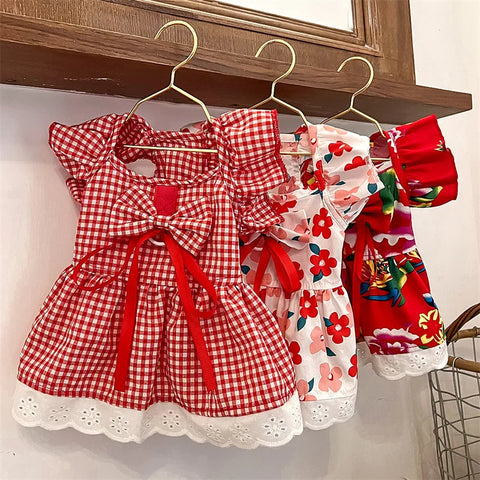 Floral Summer Dog Dress 🌸 Plaid Skirt & Bow Outfit for Small & Medium Dogs