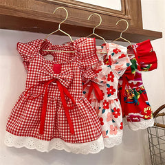 Floral Summer Dog Dress 🌸 Plaid Skirt & Bow Outfit for Small & Medium Dogs