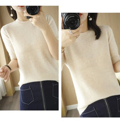 Women’s Short Sleeve Slim Fit Knitted Sweater – Camel & Pink