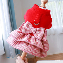 Red Winter Princess Pet Dress 🎀 Warm Outfit with Belt for Small & Medium Pets