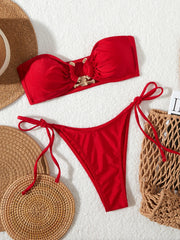 Tie-Side Shiny Ring Bandeau Bikini – Women’s Padded Low-Waist Swimsuit 2025