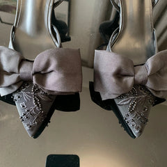 Black Bow knot High Heels Sandals Women 2025 Summer Slingback Pumps Vintage Satin Pointed Toe Heeled Elegant Party Lady Shoes