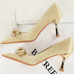 Luxury Women 7cm High Heels Wedding Replica Pumps Lady Luxury Designer Metal Chain Buckle High Heels Stiletto Women Dress Shoes