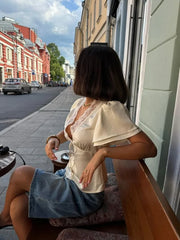 Women’s Lace Patchwork Top – V-Neck Short Sleeve Tee