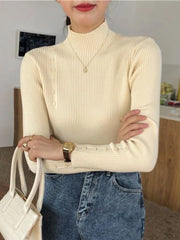 Women’s Knitted Turtleneck Sweater – Slim Button Pullover