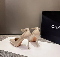 11cm Super High Stiletto Heels Pumps Women Shoes Pearl Chain Thong Ankle Strap Pointed Toe Big Size Leather Office Shoes