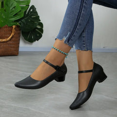 Spring and Autumn New with A Word Buckle Work Shoes Pointed Thick Heel Single Shoes Fashion Comfortable Casual Women's Shoes
