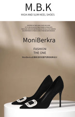 Diamond square buckle black high heels, slim heels, fashionable temperament, suede professional pointed French single shoes