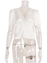 Women’s Lace Patchwork Top – V-Neck Short Sleeve Tee