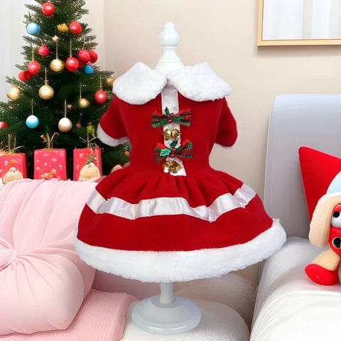 Christmas Pet Dress – Cute Santa Outfit with Bow & Bells for Dogs Winter Warm Wear
