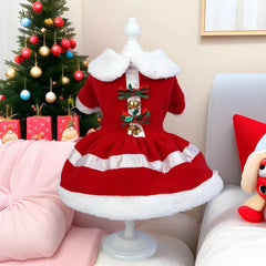 Christmas Pet Dress – Cute Santa Outfit with Bow & Bells for Dogs Winter Warm Wear