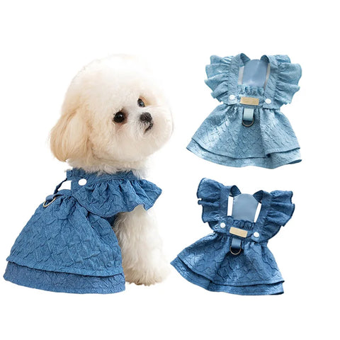 Denim Dog Dress 👗 Summer Blue Outfit with Leash Ring for Small Dogs & Cats