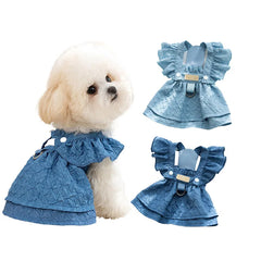 Denim Dog Dress 👗 Summer Blue Outfit with Leash Ring for Small Dogs & Cats