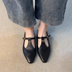 2025 New Vintage Women's Leather Mary Jane Pumps - Pointed-Toe Gold Floral Buckle T-Strap Low Heel Office & Daily Shoes