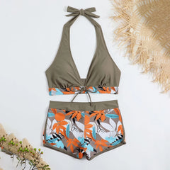 High-Waist Plant Print Bikini Set – Women’s Two-Piece Swimsuit