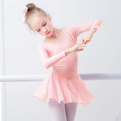 Girls Ballet Leotard Dress – Long/Short Sleeve Chiffon Skirt Dancewear