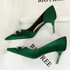 Velvet Pointed Toe Hollow Pumps – Crystal Buckle Thin High Heels (Purple)