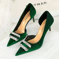 Velvet Pointed Toe Hollow Pumps – Crystal Buckle Thin High Heels (Purple)