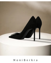 Diamond square buckle black high heels, slim heels, fashionable temperament, suede professional pointed French single shoes