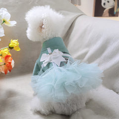 Warm Bow Mesh Pet Dress – Autumn Winter Outfit for Small Dogs & Cats (Lake Blue)