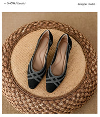 Women's high heels knitted breathable square heel beautiful princess non slip rubber sole comfortable shoes 2024 new model