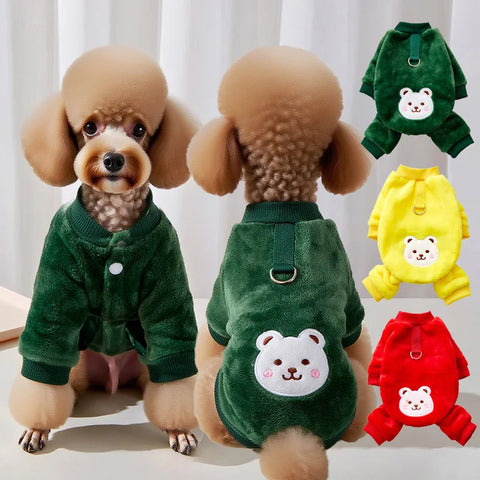 Cute Bear Dog Pajamas, Warm Winter Pet Onesie with Feet for Small Medium Dogs Cats, Teddy Poodle Bichon Costume
