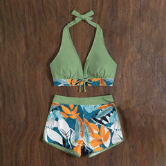 High-Waist Plant Print Bikini Set – Women’s Two-Piece Swimsuit