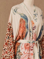 Peacock Print Beach Kimono – Self-Belted Swimsuit Cover-Up Wrap Dress
