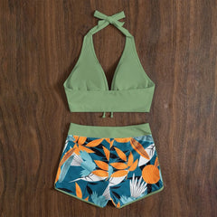 High-Waist Plant Print Bikini Set – Women’s Two-Piece Swimsuit