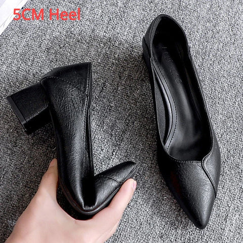 Black Chunky Heeled Women Shoes Square Heel Leather Shoes Pumps Zapatos De Mujer Fashion Designer Office Ladies