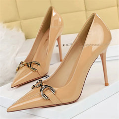 Luxury Design Women 10cm High Heels Metal Buckle Green Pumps Lady Plus Size Wedding Stiletto Heels Party Nude Replica Prom Shoes