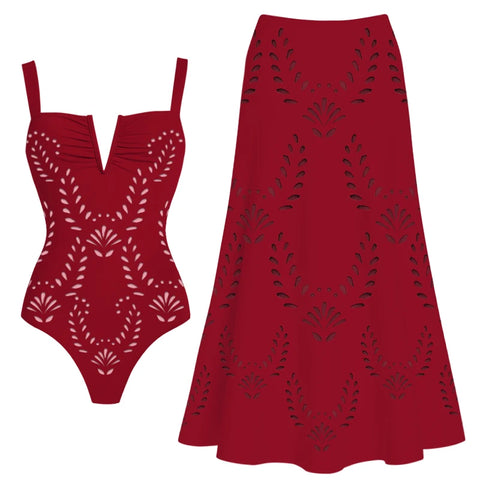V-Neck Laser Cut Floral Bikini Set – Women’s Solid Color Luxury Swimsuit