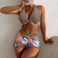 High-Waist Plant Print Bikini Set – Women’s Two-Piece Swimsuit