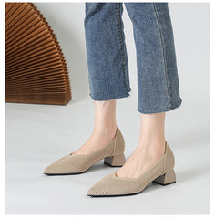 Women's large high-heeled shoes Multicolor pointy knit breathable comfortable anti-skid rubber sole work shoes 2023 new autumn