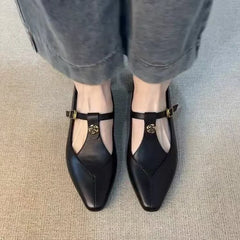 2025 New Vintage Women's Leather Mary Jane Pumps - Pointed-Toe Gold Floral Buckle T-Strap Low Heel Office & Daily Shoes