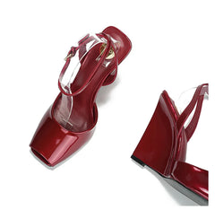 Slope heel, fish mouth, empty sandals, patent leather ankle buckle strap, stylish, sexy, shallow mouth,comfortable women's shoes