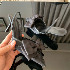 Black Bow knot High Heels Sandals Women 2025 Summer Slingback Pumps Vintage Satin Pointed Toe Heeled Elegant Party Lady Shoes