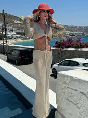 Knit Lace-Up Bell Sleeve Top & Long Skirt Set – Sexy Beach Cover-Up 2025 (K128)