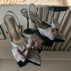 Black Bow knot High Heels Sandals Women 2025 Summer Slingback Pumps Vintage Satin Pointed Toe Heeled Elegant Party Lady Shoes