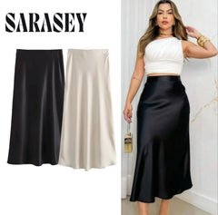 Women’s Satin High Waist Midi Skirt — Black & White