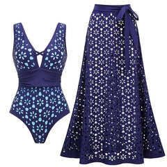 V-Neck Laser Cut Floral Bikini Set – Women’s Solid Color Luxury Swimsuit