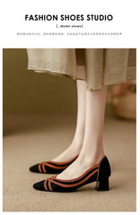 Women's high heels knitted breathable square heel beautiful princess non slip rubber sole comfortable shoes 2024 new model