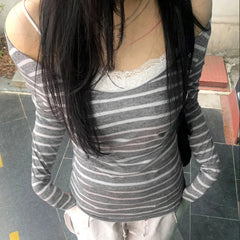 Women’s Japanese Stripe Long Sleeve Tee – Slim Off-Shoulder Y2K Top