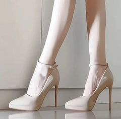 11cm Super High Stiletto Heels Pumps Women Shoes Pearl Chain Thong Ankle Strap Pointed Toe Big Size Leather Office Shoes