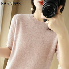Women’s Short Sleeve Slim Fit Knitted Sweater – Camel & Pink