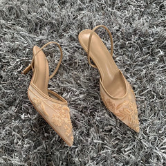 Luxury Brand High Heels Women Sandals Mesh Embroider Elegant Pointed Ladies Slingback Evening Party Wedding Bridal Dress Shoes